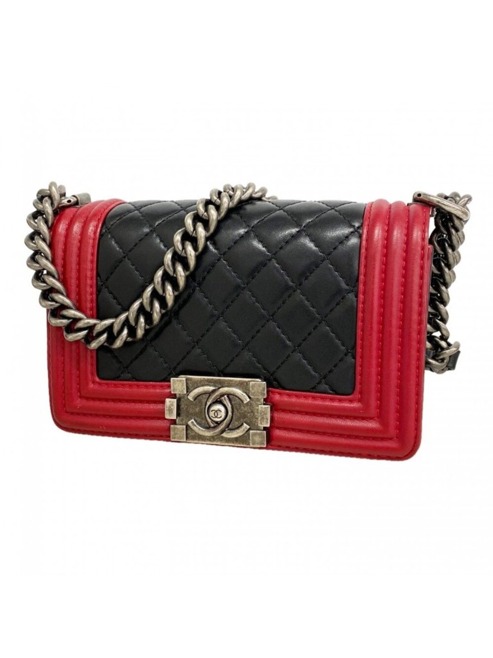 Chanel Shoulder Bag Boy Lambskin Black Red Silver